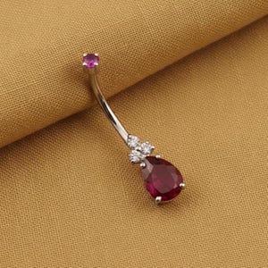 Women's Pear Cut Pink Ruby Belly Ring, 14K White Gold Plated Minimalist Curved Barbell