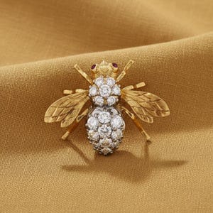 Puede incluir: Broche dorada con forma de abeja, con diamantes en el cuerpo y ojos de rubí. Las alas tienen líneas grabadas. La broche está sobre un fondo de tela beige.