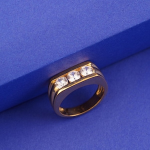 Moissanite Gold Ring, Round Shape Diamond Gold Ring, Three Diamond Ring, 14k Gold Plated Handmade Ring For Men&#39;s, 925 Sterling Silver Ring