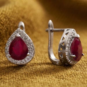 Dainty Pear Cut Pink Ruby Earrings, 14K White Gold Plated Birthday's Fine Jewelry Gift