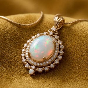 May include: A gold pendant necklace featuring a large, oval-shaped cabochon opal with iridescent flashes of colour. The central opal is surrounded by a double halo of small, round, clear stones set in gold, with a single small opal at the bottom.