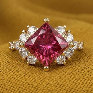 Princess Cut Pink Ruby Ring For Women's, 14K Yellow Gold Plated Statement Cocktail Ring