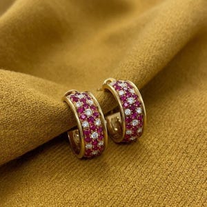 Vintage Ruby and Diamond Hoop Earrings, 14K Yellow Gold Plated Huggie Hoops for Women