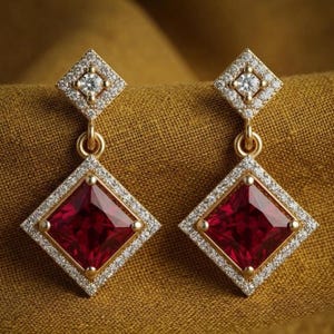 Dainty Ruby Red Dangle Earrings, 14K Yellow Gold Plated Statement Drop Earrings For Her