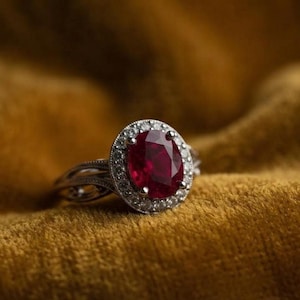 Bague de fiançailles ovale pour femme avec halo de rubis rose foncé, plaquée or blanc 14 carats.
