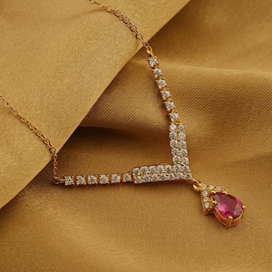 Women's Dainty Ruby Teardrop Necklace, 14k Gold Plated Silver Diamond Necklace