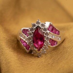 Vintage Marquise Cut Pink Ruby Statement Ring, 14K Gold Plated Ring For Women's