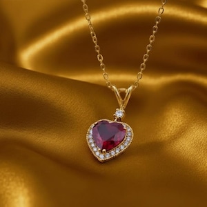 Heart Cut Red Garnet Halo Pendant Necklace 14K Gold Plated Silver Valentines Day Gift