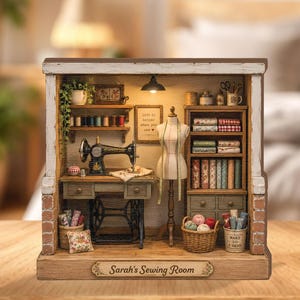 May include: A miniature sewing room diorama featuring a black vintage-style sewing machine on a wooden desk, a dress form with a measuring tape, shelves with fabric rolls and spools of thread, and a sign reading Sarah's Sewing Room.