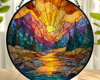 Mountain Sunset Stained Glass Suncatcher: Wavy Acrylic Window Ornament