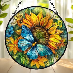 Sunflower Butterfly Suncatcher: Stained Glass Window Hanging, Garden Decor