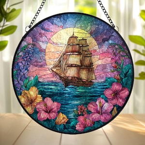 Sailing Ship Stained Glass Suncatcher: Ocean Sunset Window Decor