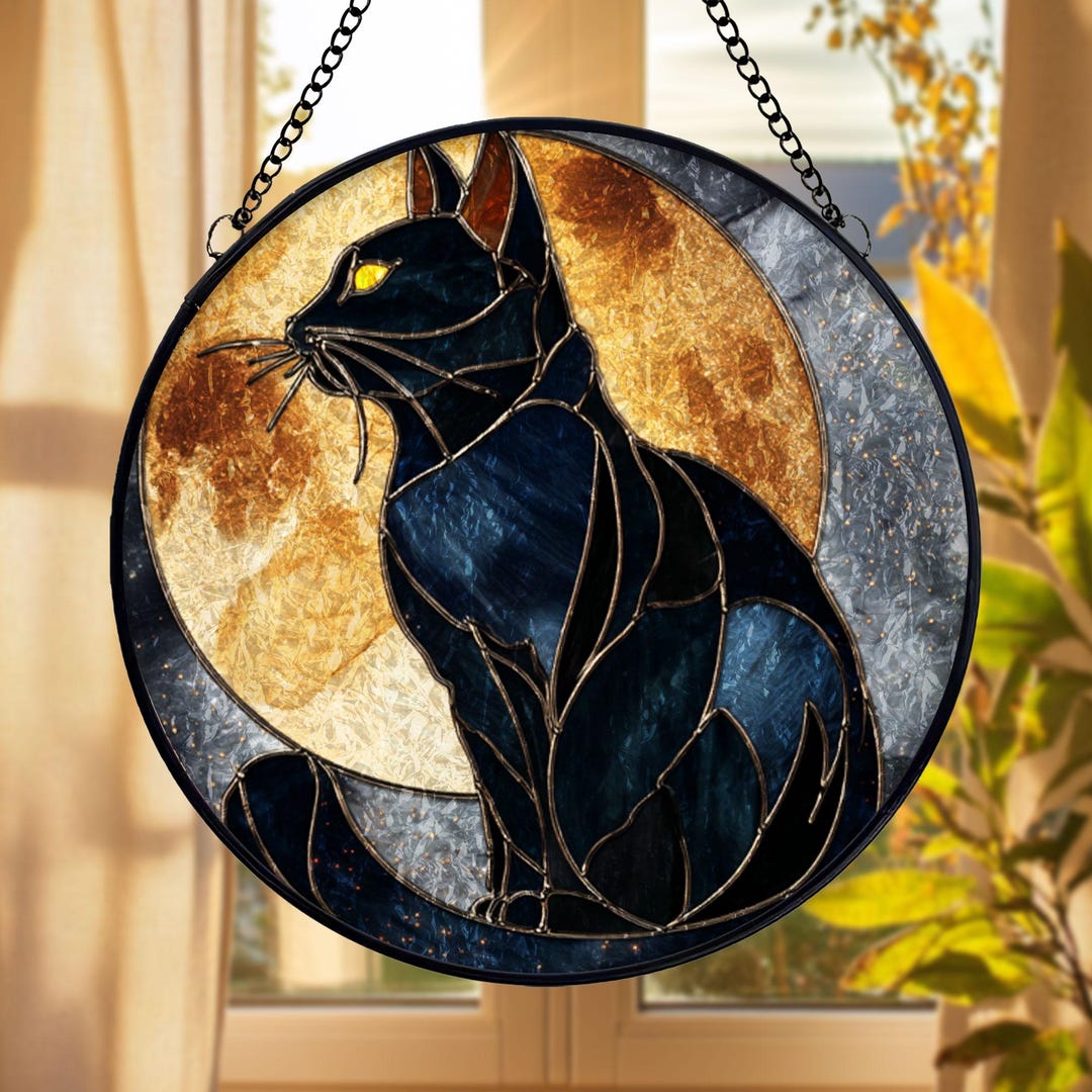 Black Cat Moon Stained Glass Suncatcher, Gothic Cat Window Hanging ...