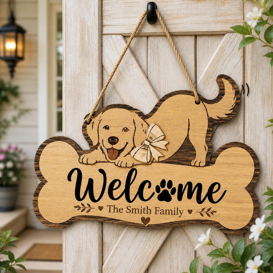 Personalized Dog Wooden Door Sign, Custom Family Name Pet Welcome Sign ...