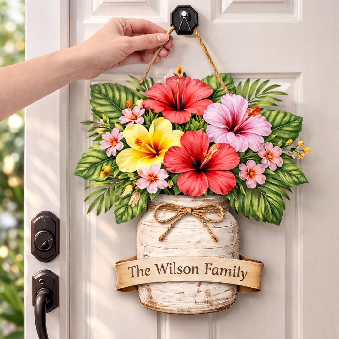 Personalized Hibiscus Wooden Door Sign, Tropical Flower Door Hanger ...