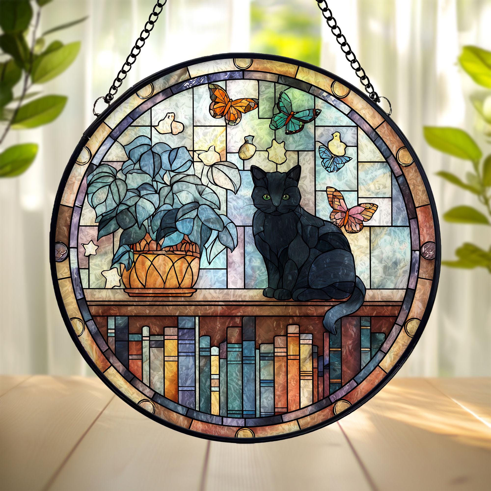 Black Cat Stained Glass Suncatcher, Cat and Books Round Window Hanging ...