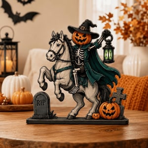 Personalized Pumpkin Horseman Wooden Block, Skeleton Rider Halloween Shelf Sitter, Graveyard Lantern Decor, Spooky Fall Gift