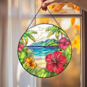 Tropical Beach Suncatcher, Stained Glass Style Window Hanging, Hibiscus Flower Coastal Home Decor, Ocean Paradise Ornament Gift