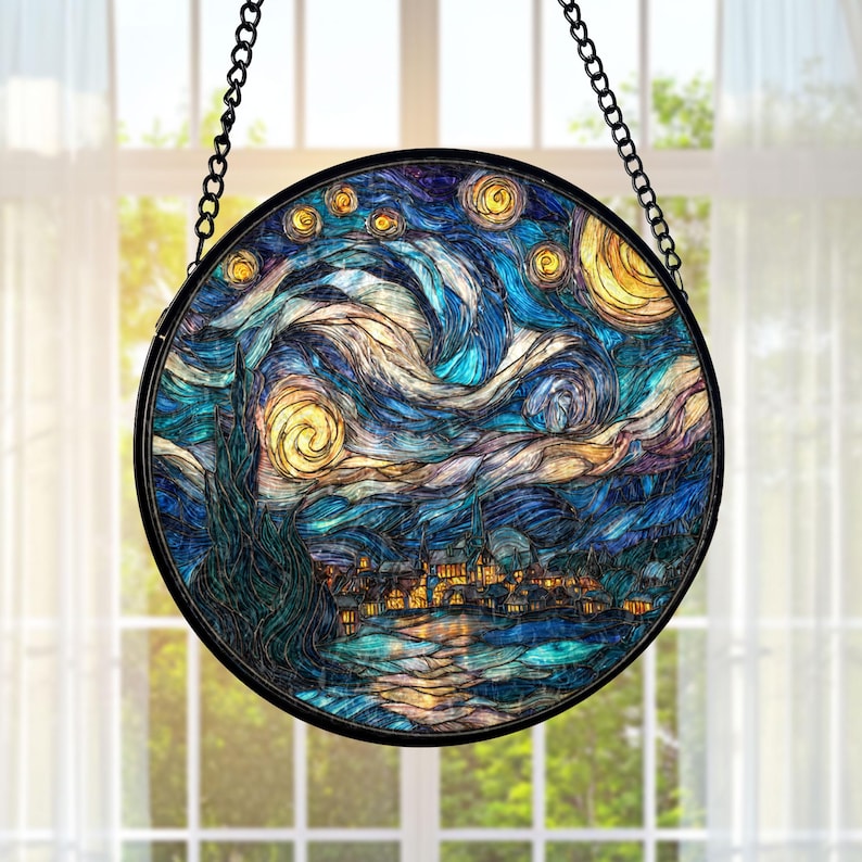 Starry Night Suncatcher: Van Gogh Stained Glass Window Hanging, Wavy ...
