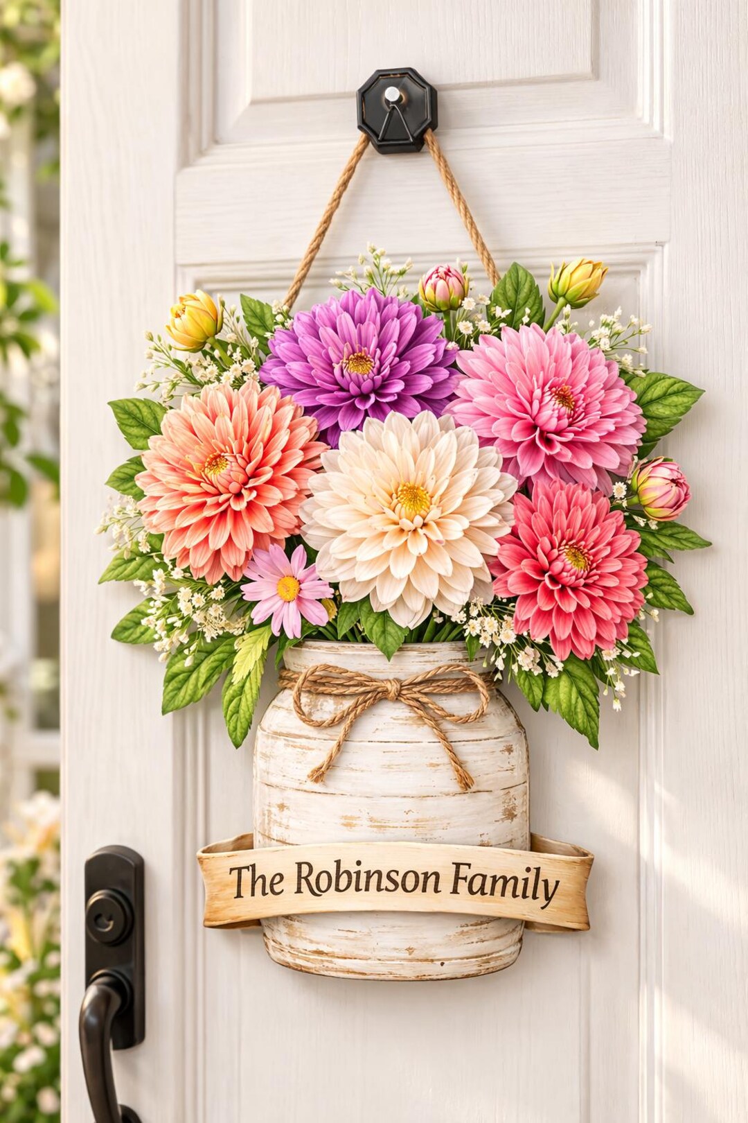 Personalized Dahlia Wooden Door Sign, Colorful Flower Door Hanger ...