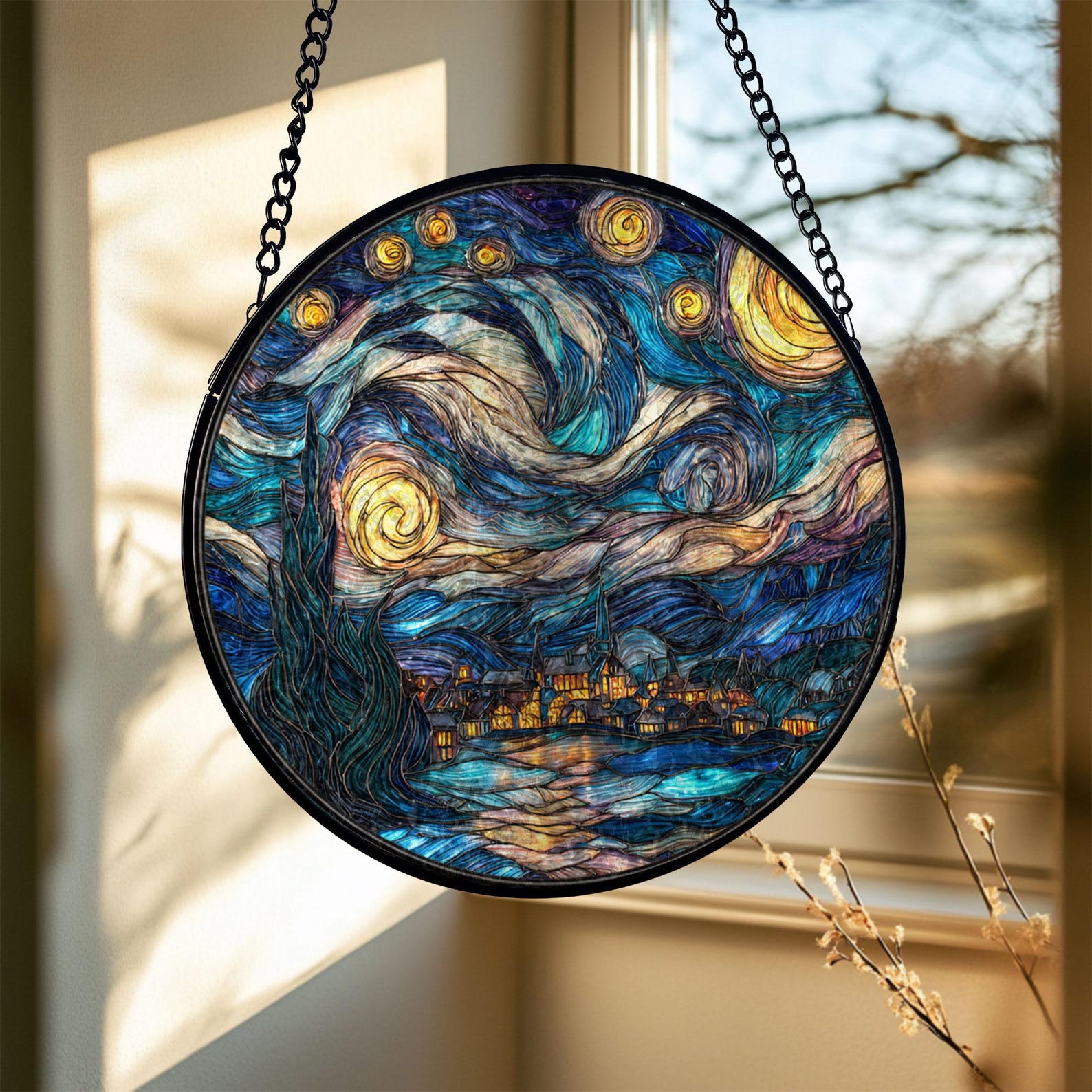 Starry Night Suncatcher: Van Gogh Stained Glass Window Hanging, Wavy ...