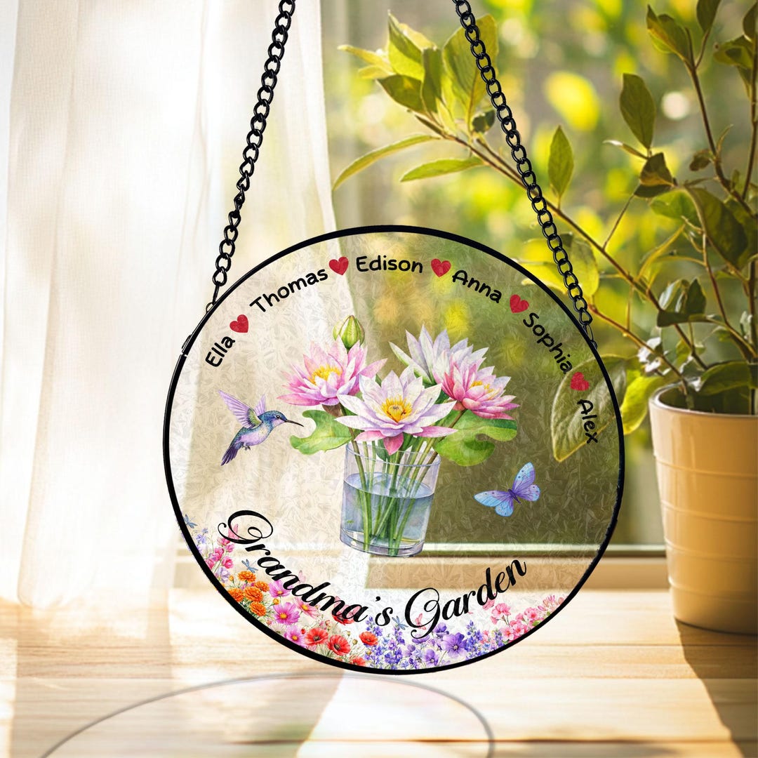 Personalized Grandma’s Garden Lotus Stained Glass Suncatcher, Custom ...
