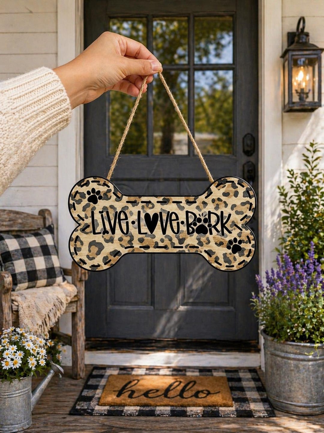 Personalized Dog Bone Wooden Door Sign, Live Love Bark Leopard Print ...