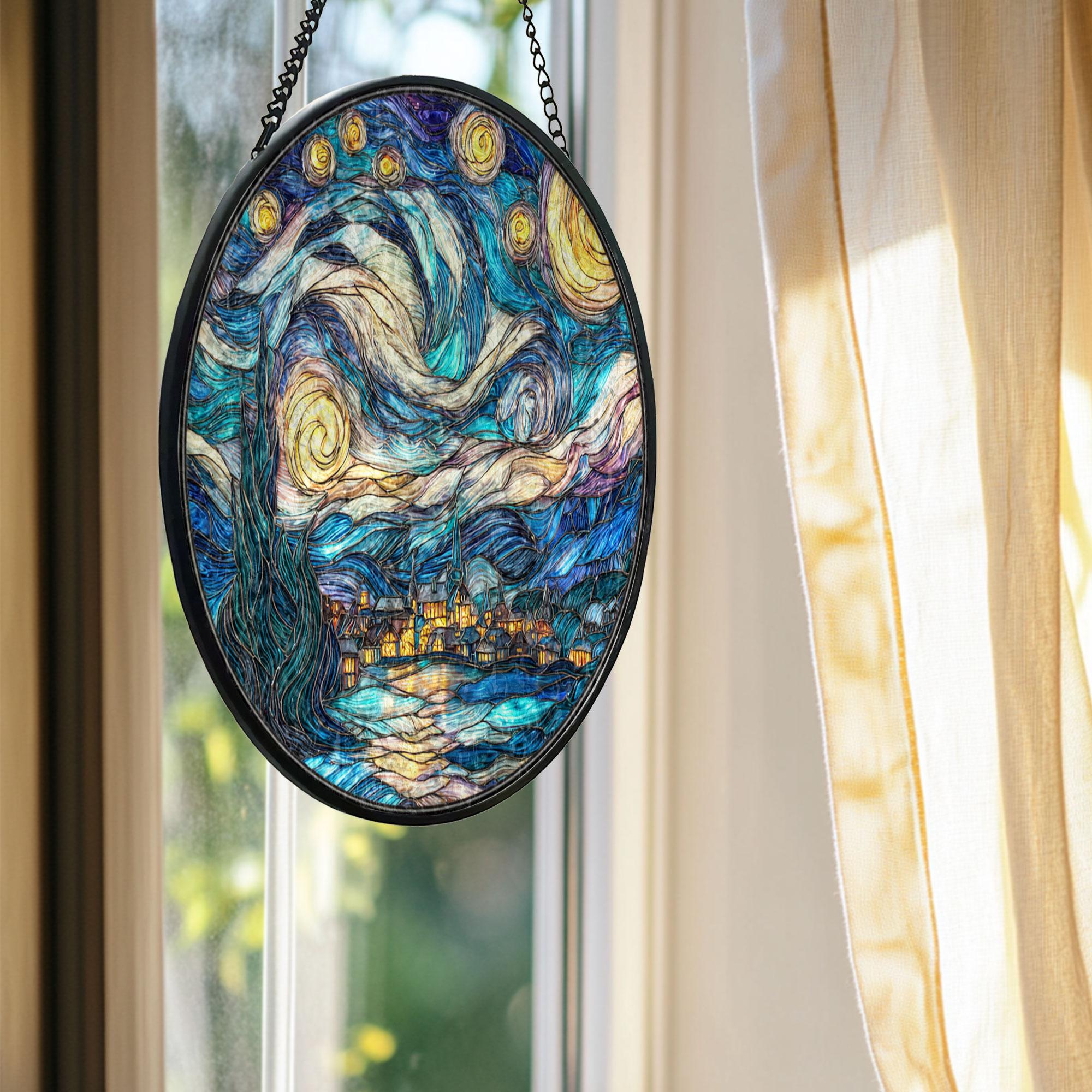 Starry Night Suncatcher: Van Gogh Stained Glass Window Hanging, Wavy ...