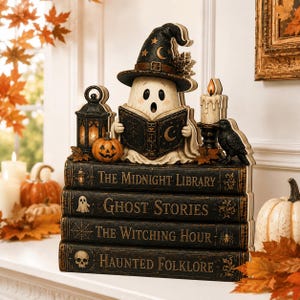 May include: A decorative tabletop display featuring a ghost wearing a witch hat and reading a book, perched atop a stack of four books titled The Midnight Library, Ghost Stories, The Witching Hour, and Haunted Folklore, with a lantern and raven.