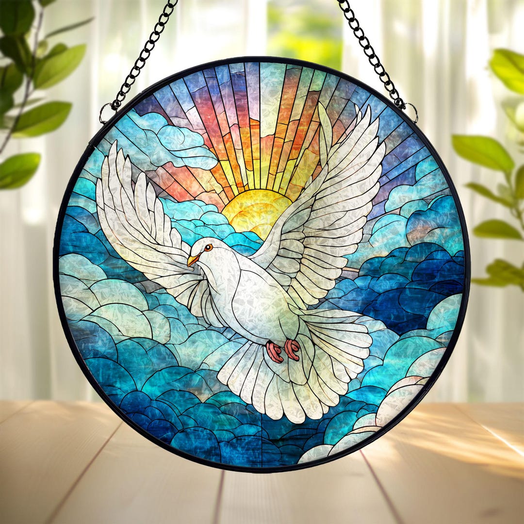 Holy Spirit Dove Stained Glass Suncatcher, Round Religious Window ...