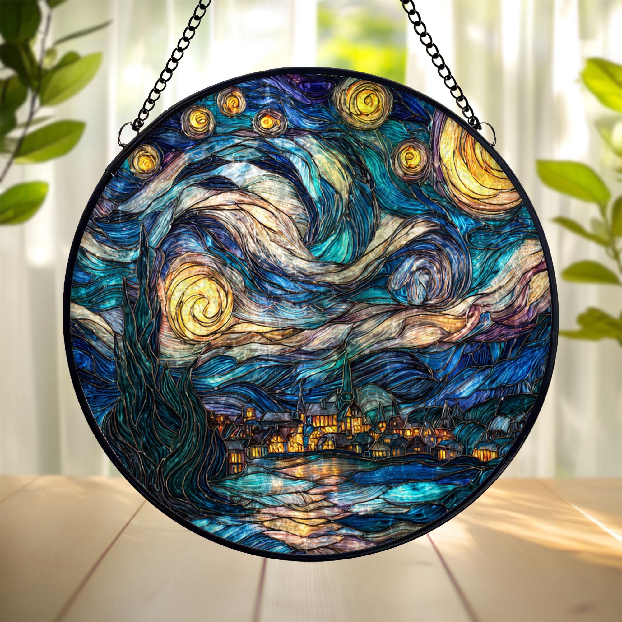 Starry Night Suncatcher: Van Gogh Stained Glass Window Hanging, Wavy ...