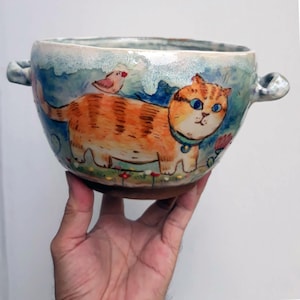 Hand-Painted Ceramic Bowl with Handles – Chubby Orange Cat & Bird | Artisan Pottery | Whimsical Animal Dish | Tender Hue Collection