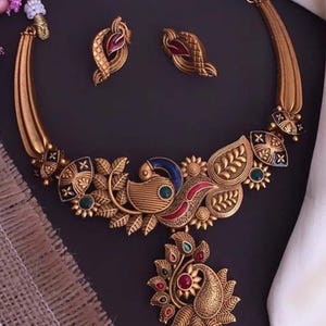 Antikes Design Südindische Halskette/Tempel Schmuck/Traditionelle Vergoldete Halskette/Hochzeits Schmuckset/Statement Halskette