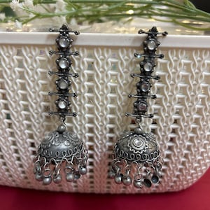Silver oxidized jhumka earrings/long earrings/saree wear jewelry/ethnic wear/wedding earrings/designer indian earrings/women jhumka