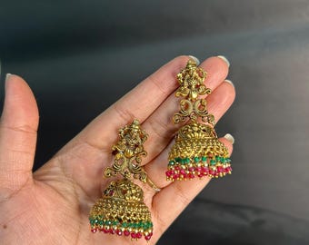 Gold Plated Jhumka Earrings, Indian Temple Jewelry
