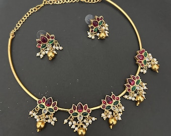 Gold Plated Lotus Choker Set: Indian Wedding Jewelry/Hasli Set