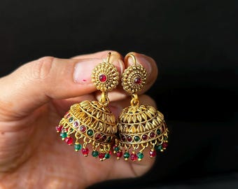 Bridal Gold Plated Temple Ruby Jhumka/Indian Wedding Jewelry/Bollywood Earrings
