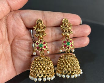 Gold Plated Jhumka Earrings, Indian Temple Jewelry