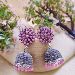 Pink silver jhumka earrings/afghnai jhumka/ethnic jhumka earrings/partywear jhumka/jhumka for girls/dangler jhumka/jhumki earring