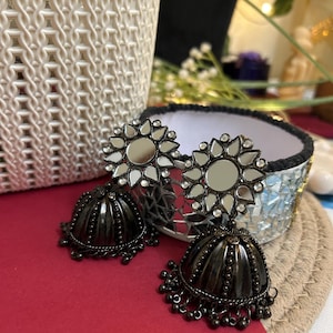 Black oxidized mirror jhumka/women earrings/black jhumka/mirror earrings/mirror jewelry/gift for mother/new arrival earrings/women gift