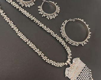 Oxidierte Silber lange Halskette mit Ohrringen Creolen & Armband/Bollywood Halskette/Banjara Schmuck/ethnische Kleidung