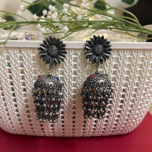 Indian oxidized jhumka earrings/floral earrings/ethnic afghnai earrings/pakistani earrings/oxidized black earrings/indian jewelry earrings