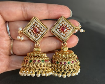 CZ Kemp Ruby Gold Plated Jhumka/Bridal Temple Jewelry/Indian Earrings/Wedding