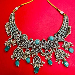 Aqua Kundan Indian Bridal Jewelry Set: Statement Necklace Earrings Tikka