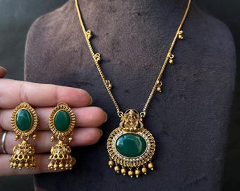 Green Gold Plated Indian Temple Jewelry Set/Matte Finish Choker/Necklace For Women