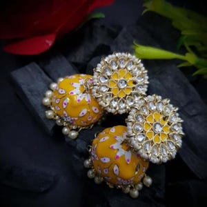 Indian ethnic wear meenakari jhumka/meena earrings/kundan jhumka/indian wedding wear jewelry/gift for her/yellow earrings/haldi jewelry