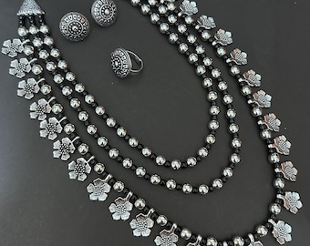 Oxidized Silver Long Necklace With Earrings & Ring/Bollywood Necklace/Banjara Jewelry/Ethnic Wear
