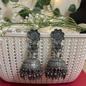 Oxidized mirror jhumka/wedding jewelry/desi jewelry/oxidized black metal earrings/mirror earrings/jhumka jhumki earrings/wedding wear