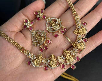CZ Kemp Gold Plated Temple Jewelry Set/Wedding Necklace/Gift For Her/Laxmi Choker