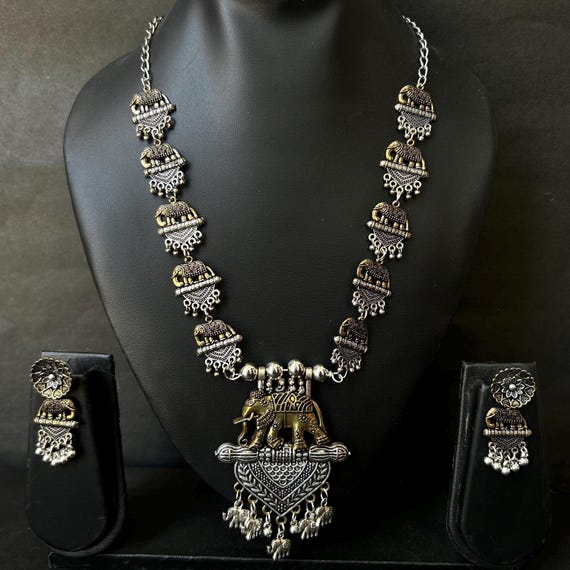 Indian Elephant Brass Jewelry Set: Oxidized Necklace and Earrings